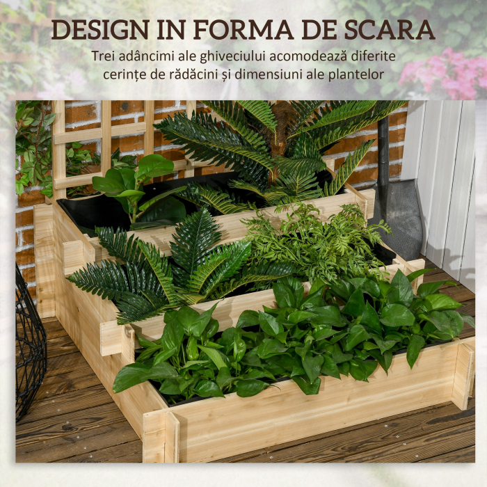  Jardiniera cu 3 Niveluri cu Grilaj pentru Catarat Vita de Vie, Paturi Suprainaltate din Lemn pentru Gradina, Jardiniera in Aer Liber pentru Legume, Flori, Ierburi, Nuanta Natur [5]