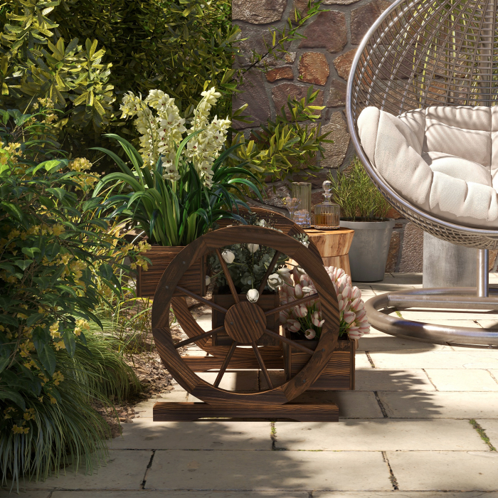  Jardiniera de Exterior cu 3 Niveluri, cu Roti Decorative din Lemn de Brad Carbonizat, 62x61x57 cm [8]