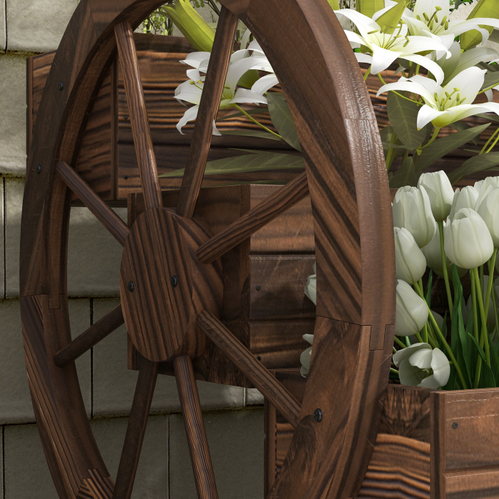  Jardiniera de Exterior cu 3 Niveluri, cu Roti Decorative din Lemn de Brad Carbonizat, 62x61x57 cm [9]