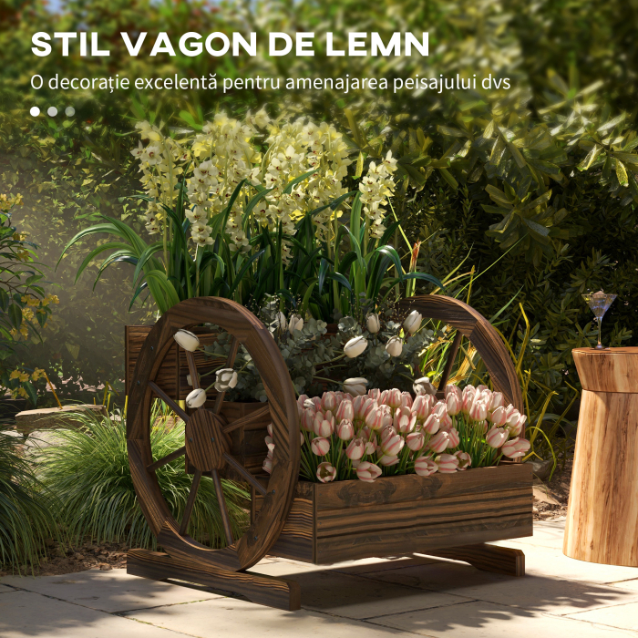  Jardiniera de Exterior cu 3 Niveluri, cu Roti Decorative din Lemn de Brad Carbonizat, 62x61x57 cm [4]
