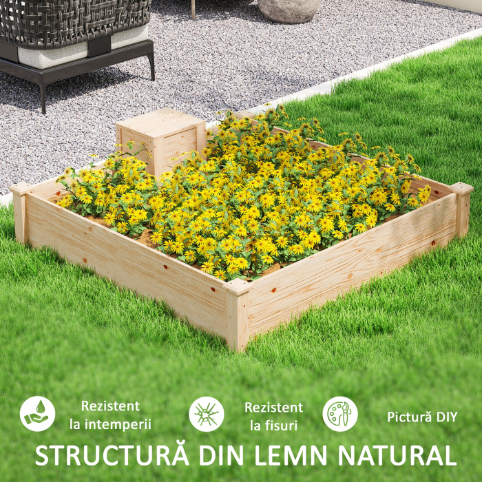  Jardiniera de Exterior cu Compostor si Baza Deschisa din Lemn de Brad, 123x123x25,5 cm, Lemn Natural [7]
