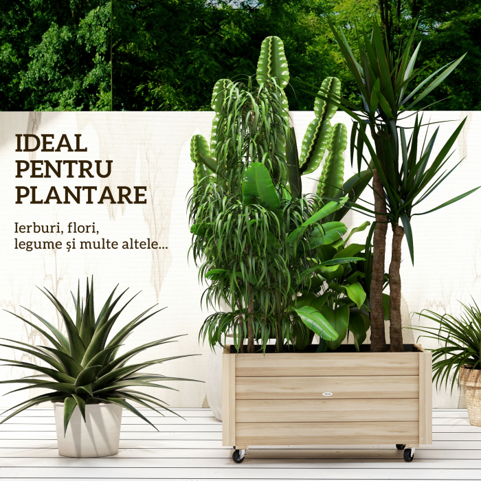  Jardiniera de gradina cu orificiu de drenaj si roti, din lemn de brad, 89x48x47 cm [4]