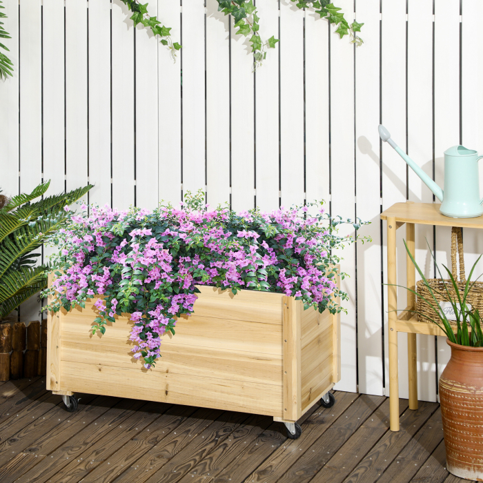  Jardiniera de gradina cu orificiu de drenaj si roti, din lemn de brad, 89x48x47 cm [2]