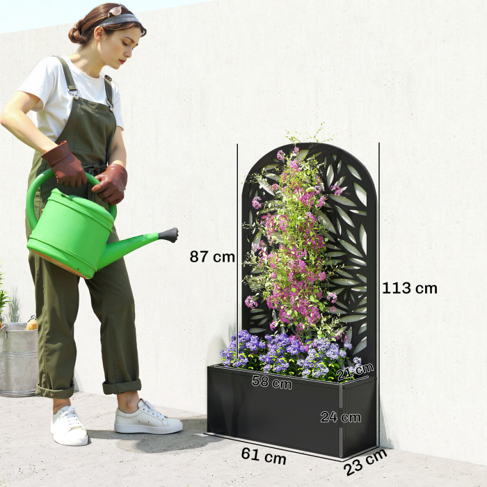 Jardiniera Elevata de Exterior, Jardiniera cu Suport Decorativ Arcuat cu Motive de Frunze pentru Plante Cataratoare din Metal, Montare pe Perete sau Independenta, pentru Plante si Flori, 61x23x113 cm [3]