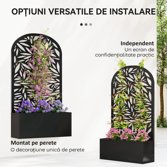  Jardiniera Elevata de Exterior, Jardiniera cu Suport Decorativ Arcuat cu Motive de Frunze pentru Plante Cataratoare din Metal, Montare pe Perete sau Independenta, pentru Plante si Flori, 61x23x113 cm [5]