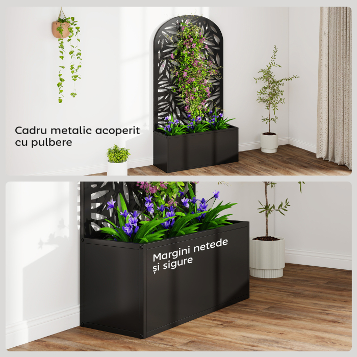  Jardiniera Elevata de Exterior, Jardiniera cu Suport Decorativ Arcuat cu Motive de Frunze pentru Plante Cataratoare din Metal, Montare pe Perete sau Independenta, pentru Plante si Flori, 61x23x113 cm [7]