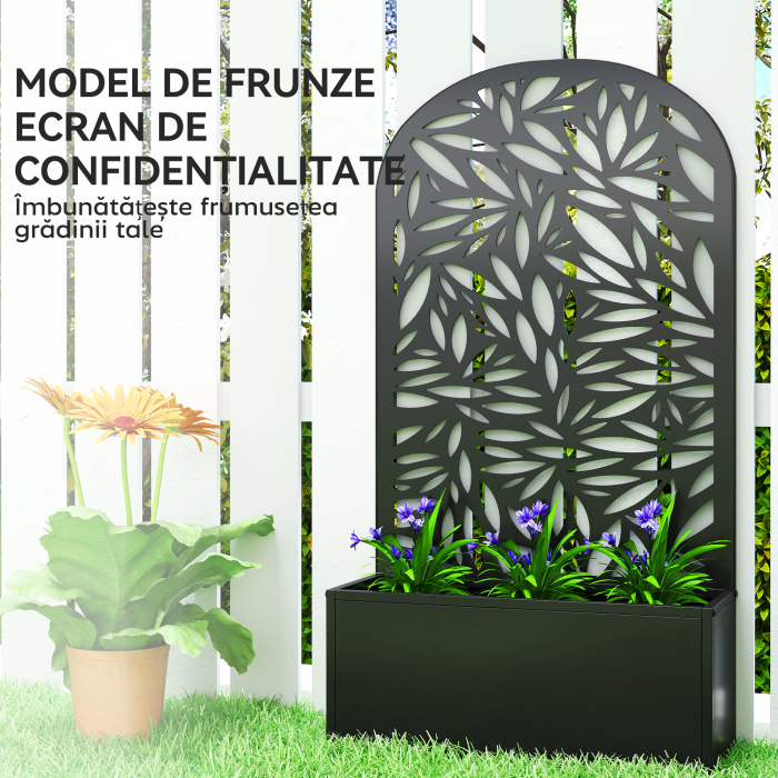  Jardiniera Elevata de Exterior, Jardiniera cu Suport Decorativ Arcuat cu Motive de Frunze pentru Plante Cataratoare din Metal, Montare pe Perete sau Independenta, pentru Plante si Flori, 61x23x113 cm [6]