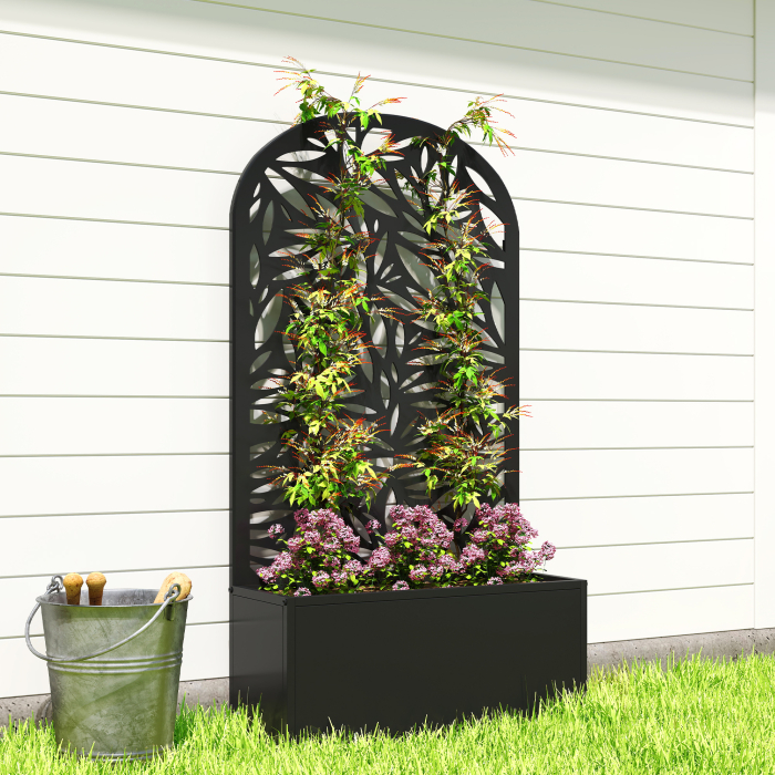  Jardiniera Elevata de Exterior, Jardiniera cu Suport Decorativ Arcuat cu Motive de Frunze pentru Plante Cataratoare din Metal, Montare pe Perete sau Independenta, pentru Plante si Flori, 61x23x113 cm [9]
