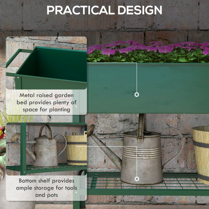  Jardiniera Exterioara cu Raft Inferior pentru Unelte, Jardiniera Metalica cu 2 Roti si Maner, 109x44x80 cm, Verde [5]