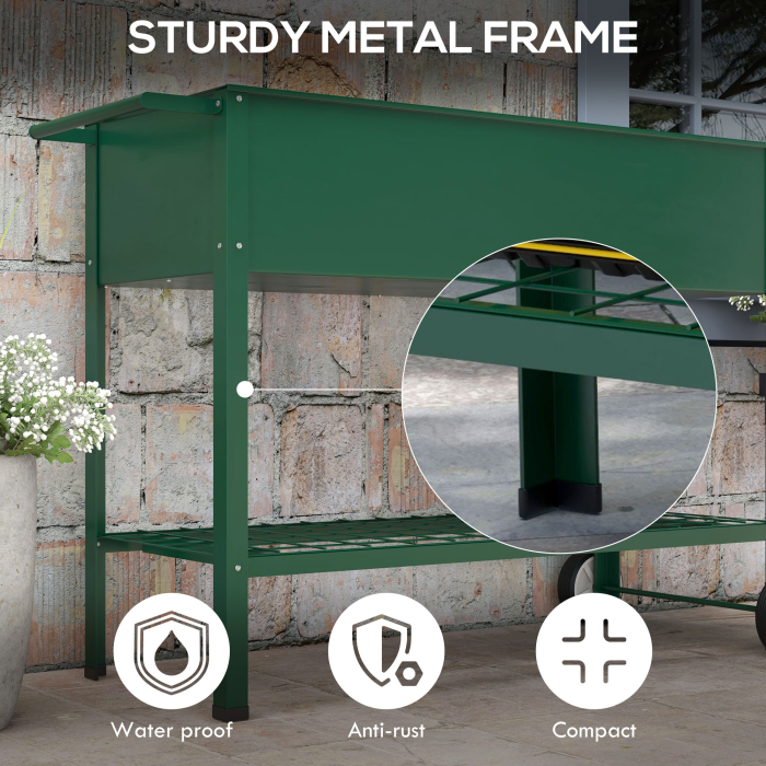  Jardiniera Exterioara cu Raft Inferior pentru Unelte, Jardiniera Metalica cu 2 Roti si Maner, 109x44x80 cm, Verde [6]