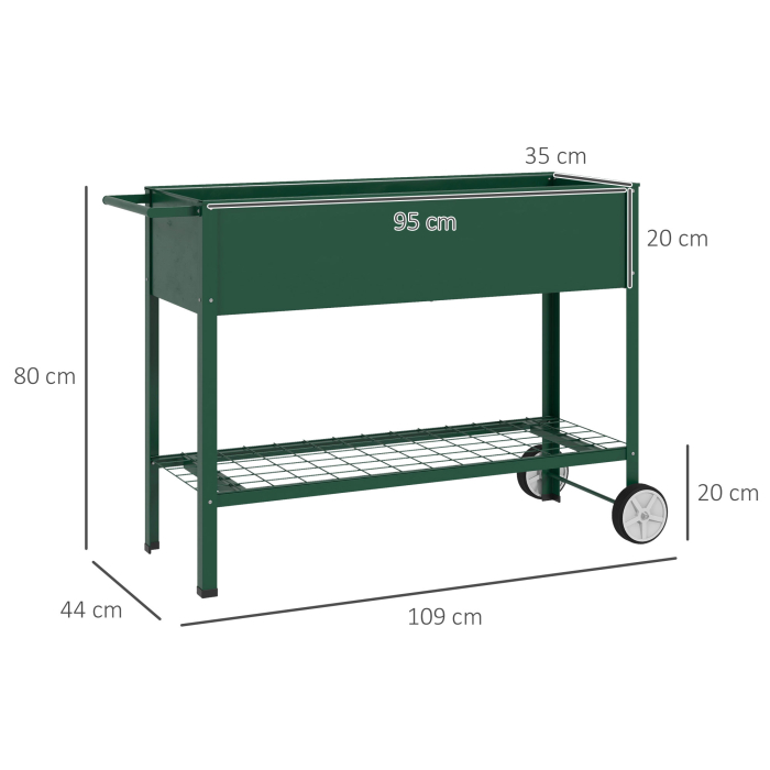  Jardiniera Exterioara cu Raft Inferior pentru Unelte, Jardiniera Metalica cu 2 Roti si Maner, 109x44x80 cm, Verde [3]