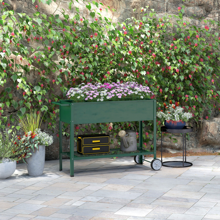  Jardiniera Exterioara cu Raft Inferior pentru Unelte, Jardiniera Metalica cu 2 Roti si Maner, 109x44x80 cm, Verde [2]