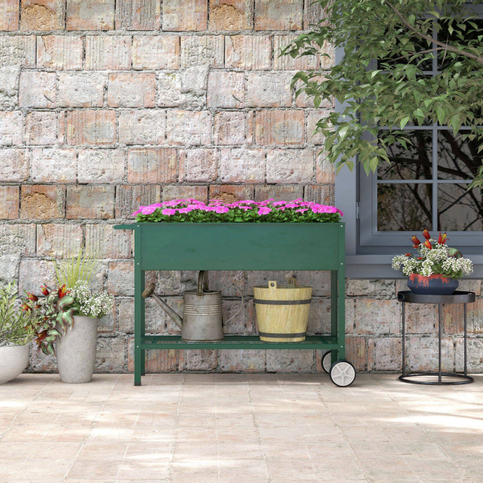  Jardiniera Exterioara cu Raft Inferior pentru Unelte, Jardiniera Metalica cu 2 Roti si Maner, 109x44x80 cm, Verde [8]