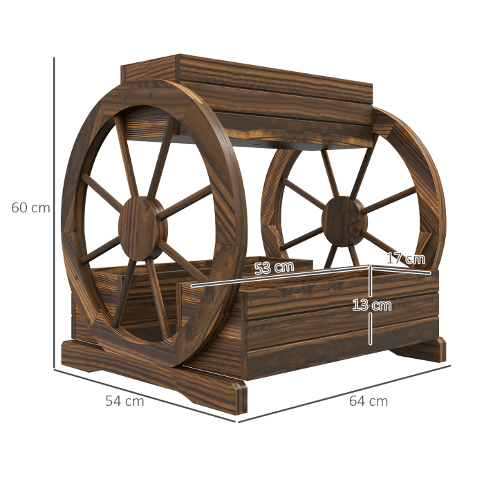  Jardiniera in Lemn pentru Exterior pe 2 Nivele cu 3 Ghivece si Roti de Caruta in Stil Rustic, 64x54x60 cm [3]