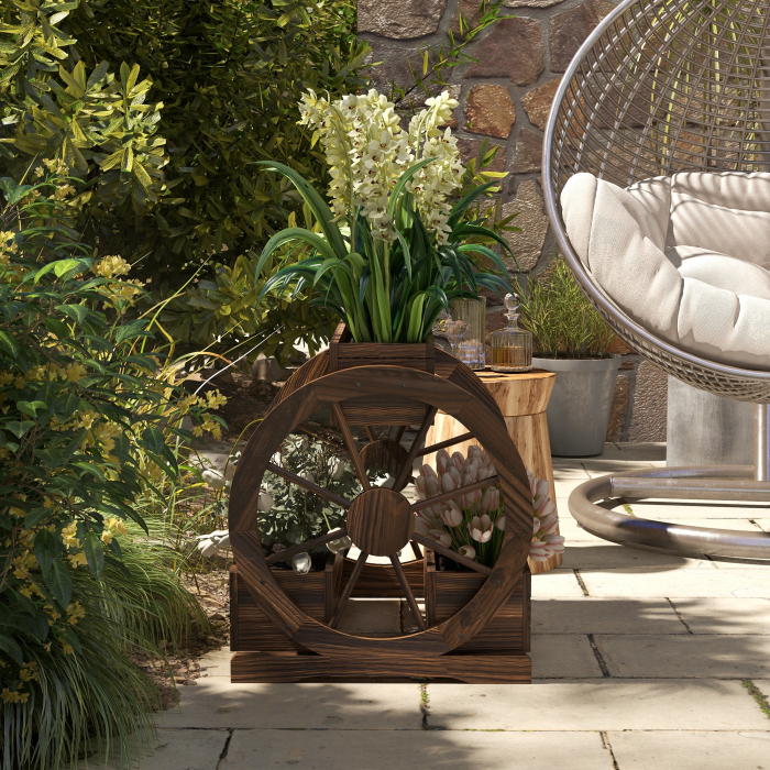  Jardiniera in Lemn pentru Exterior pe 2 Nivele cu 3 Ghivece si Roti de Caruta in Stil Rustic, 64x54x60 cm [8]