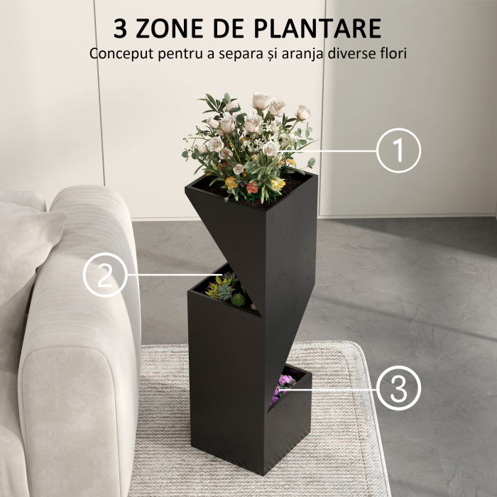  Jardiniera inalta 100cm cu 3 zone de plantare, Negru [6]