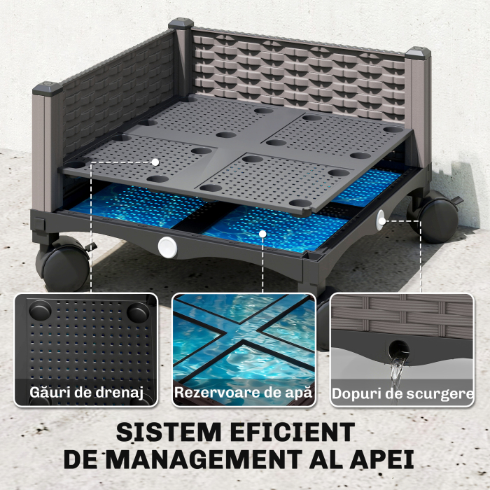  Jardiniera inaltata Autoiriganta din Metal cu Spalier de 185 cm, cu 4 Roti Blocabile pentru Plante Cataratoare, Recipient cu Gauri de Drenaj pentru Legume si Flori, Negru [6]