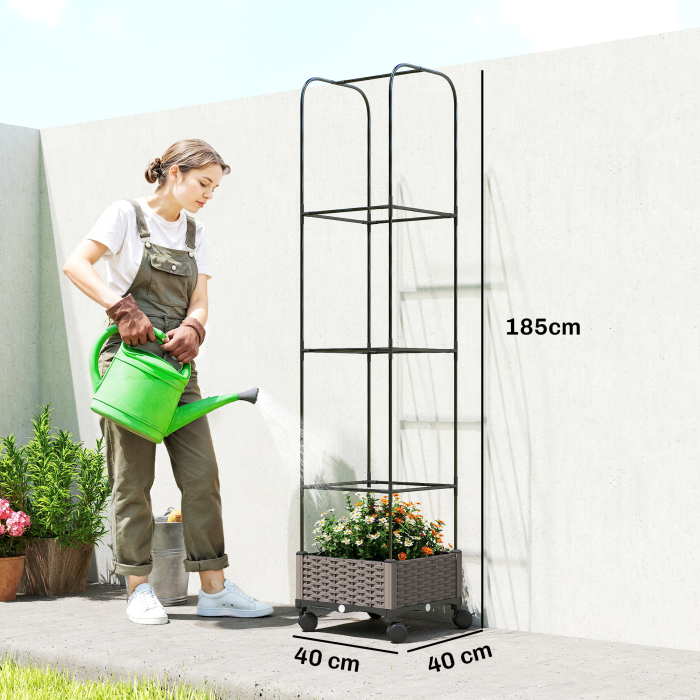  Jardiniera inaltata Autoiriganta din Metal cu Spalier de 185 cm, cu 4 Roti Blocabile pentru Plante Cataratoare, Recipient cu Gauri de Drenaj pentru Legume si Flori, Negru [3]