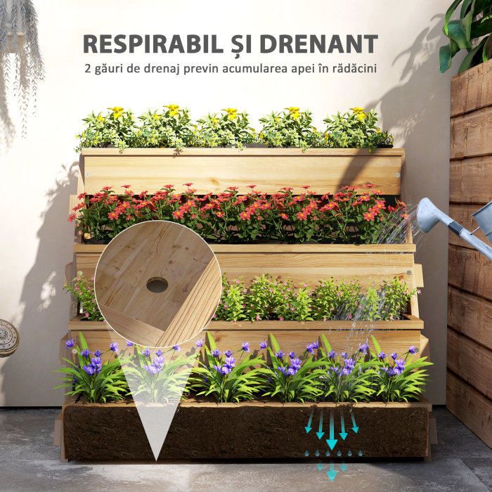 Jardiniera inaltata cu 4 niveluri, cu orificii de drenaj si material netesut, din lemn de brad, 75x57x60,5 cm [5]