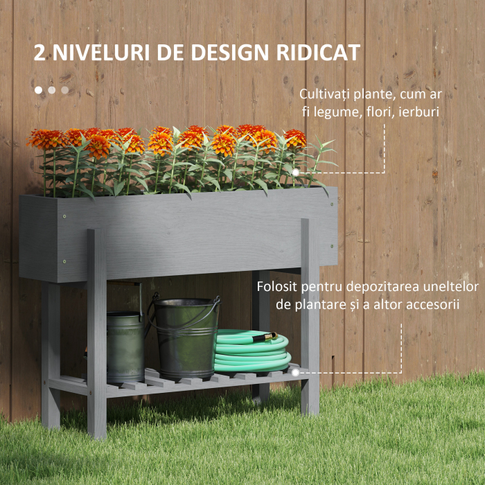  Jardiniera inaltata cu Raft Inferior si 2 Orificii de Drenaj, din Lemn de Brad, 100x30x70,5 cm, Gri [4]