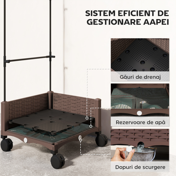  Jardiniera inaltata cu Spalier 20L, Roti Blocabile si Sistem de Autoirigare, Maro [6]