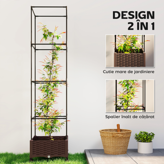  Jardiniera inaltata cu Spalier 20L, Roti Blocabile si Sistem de Autoirigare, Maro [4]