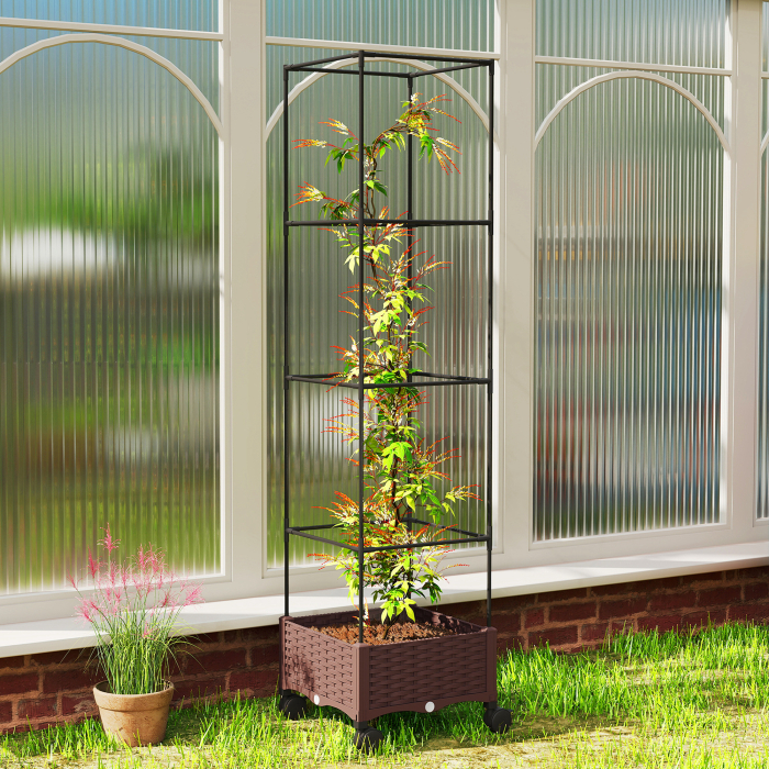  Jardiniera inaltata cu Spalier 20L, Roti Blocabile si Sistem de Autoirigare, Maro [2]