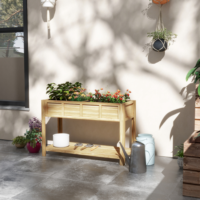  Jardiniera inaltata din Lemn cu Raft Inferior, Separator, Gauri de Drenaj, 115x46x75 cm, Culoare Lemn [2]