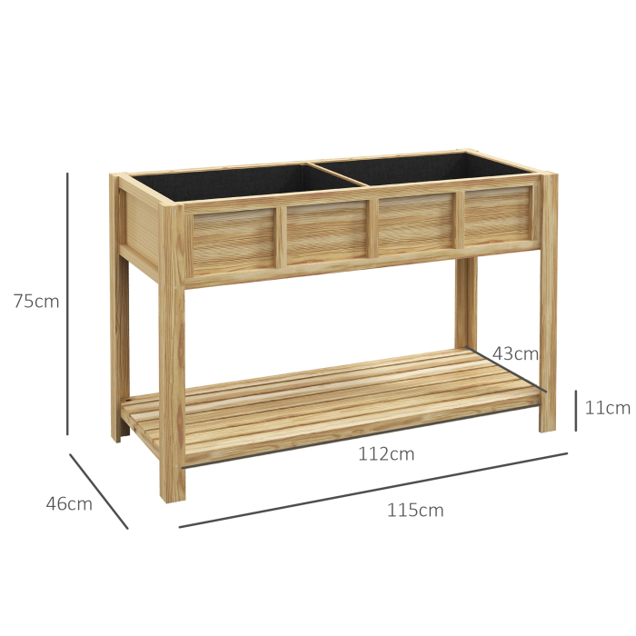  Jardiniera inaltata din Lemn cu Raft Inferior, Separator, Gauri de Drenaj, 115x46x75 cm, Culoare Lemn [3]