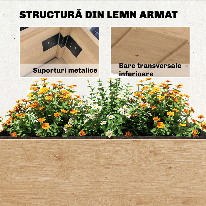  Jardiniera inaltata pe 2 Niveluri cu Rafturi Laterale si Inferior, Fabricata din Lemn de Brad cu Captuseala si Orificii de Drenare, pentru Flori si Legume, 119,5x102x76,5cm, Maro Deschis [7]