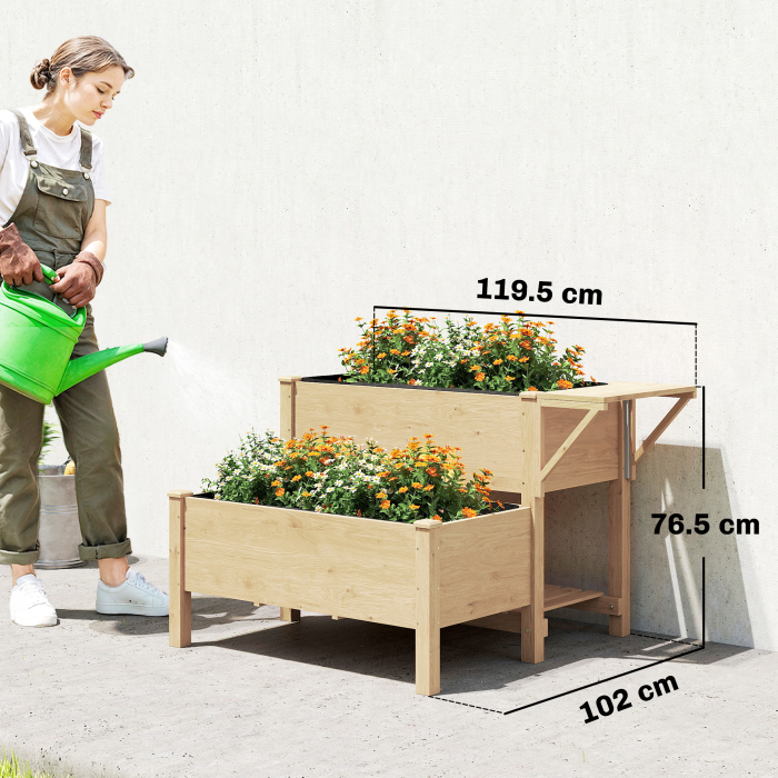  Jardiniera inaltata pe 2 Niveluri cu Rafturi Laterale si Inferior, Fabricata din Lemn de Brad cu Captuseala si Orificii de Drenare, pentru Flori si Legume, 119,5x102x76,5cm, Maro Deschis [3]