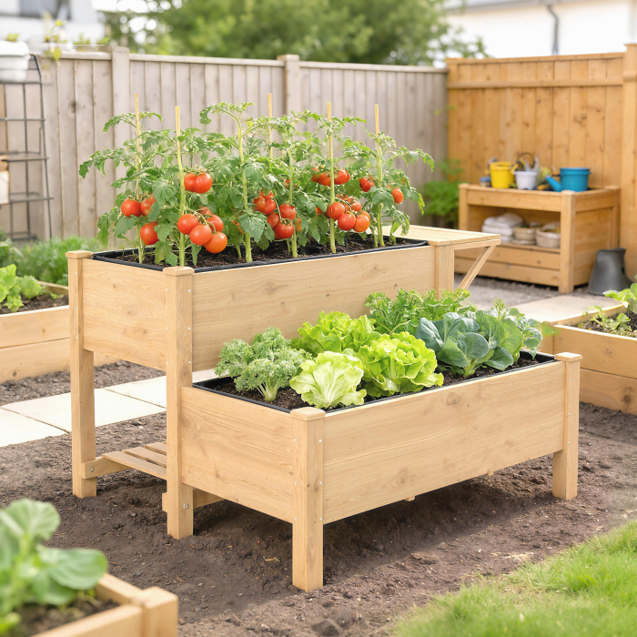  Jardiniera inaltata pe 2 Niveluri cu Rafturi Laterale si Inferior, Fabricata din Lemn de Brad cu Captuseala si Orificii de Drenare, pentru Flori si Legume, 119,5x102x76,5cm, Maro Deschis [9]