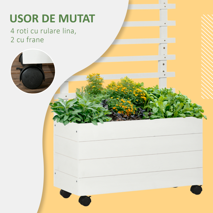  Jardiniera inaltata verticala cu 4 roti si suport pentru plantele cataratoare, din  lemn de brad, 76x30x155cm, alb [6]