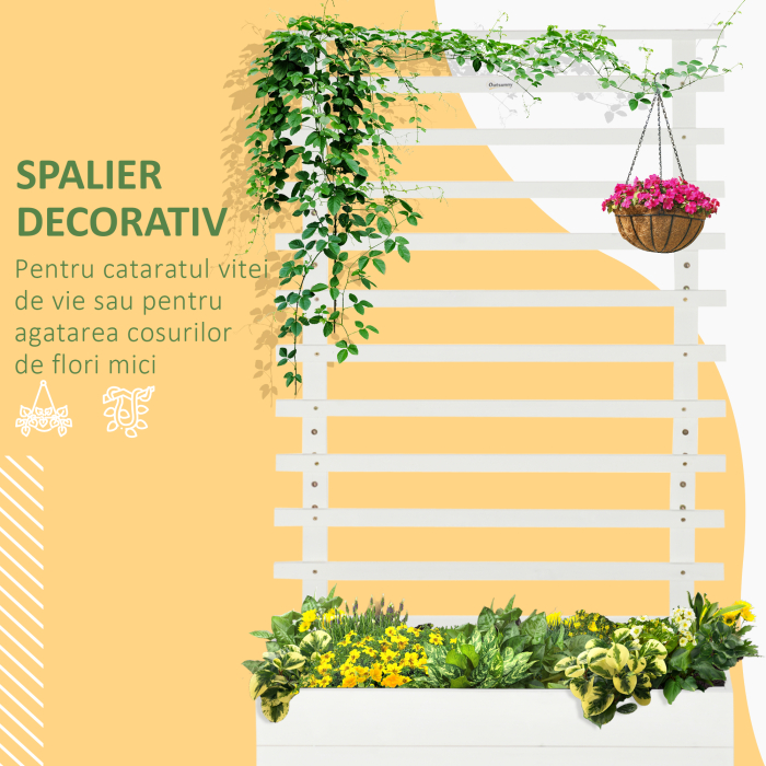  Jardiniera inaltata verticala cu 4 roti si suport pentru plantele cataratoare, din  lemn de brad, 76x30x155cm, alb [5]
