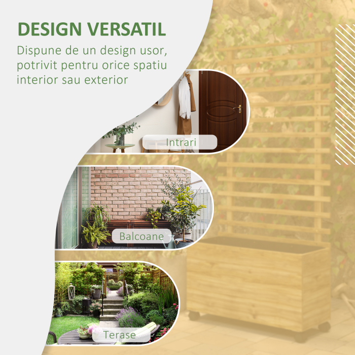  Jardiniera inaltata verticala cu 4 roti si suport pentru plantele cataratoare, din  lemn de brad, 76x30x155cm, alb [4]