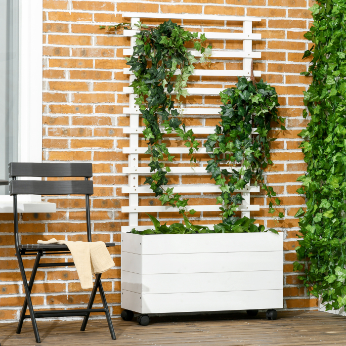  Jardiniera inaltata verticala cu 4 roti si suport pentru plantele cataratoare, din  lemn de brad, 76x30x155cm, alb [2]