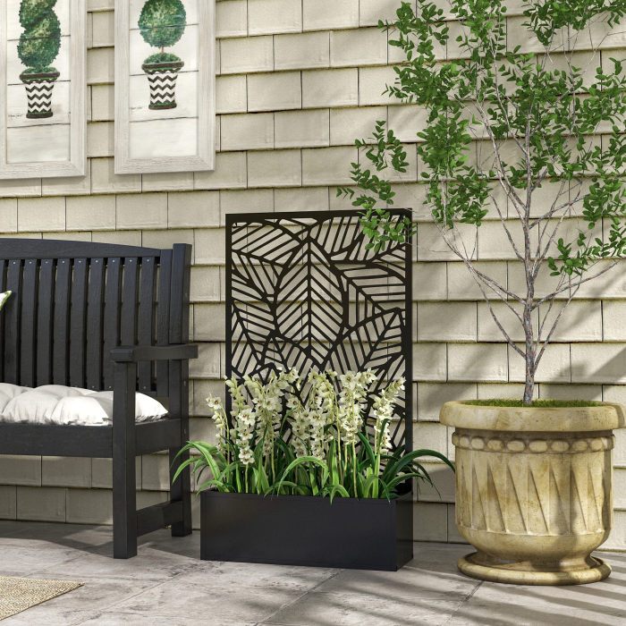  Jardiniera Metalica inaltata pentru Exterior cu Suport de Intimitate, Panou Decorativ si Vas pentru Plante, Montabila pe Perete sau Independenta, Negru [2]