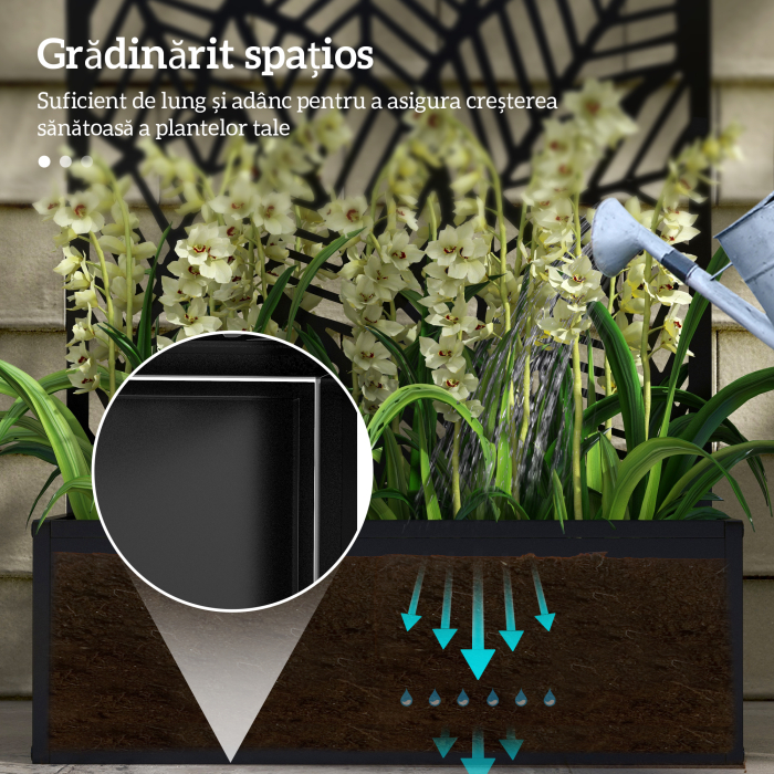  Jardiniera Metalica inaltata pentru Exterior cu Suport de Intimitate, Panou Decorativ si Vas pentru Plante, Montabila pe Perete sau Independenta, Negru [5]