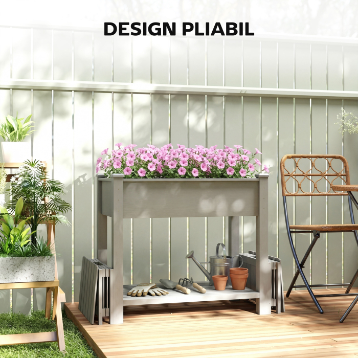  Jardiniera Ridicata cu 2 Ghivece Laterale si Raft pentru Unelte, din Lemn de Brad, 149x46x76 cm, Gri [7]