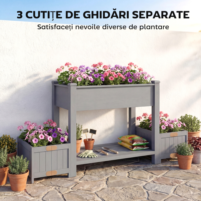  Jardiniera Ridicata cu 2 Ghivece Laterale si Raft pentru Unelte, din Lemn de Brad, 149x46x76 cm, Gri [4]