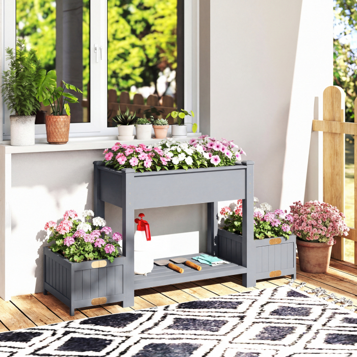  Jardiniera Ridicata cu 2 Ghivece Laterale si Raft pentru Unelte, din Lemn de Brad, 149x46x76 cm, Gri [2]