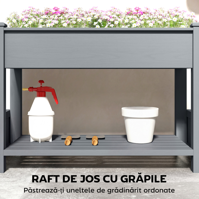  Jardiniera Ridicata cu 2 Ghivece Laterale si Raft pentru Unelte, din Lemn de Brad, 149x46x76 cm, Gri [5]