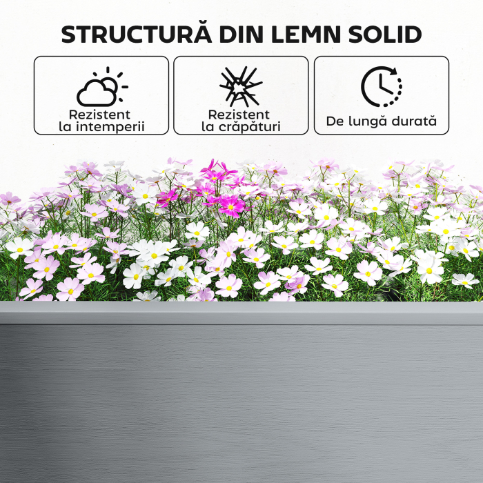  Jardiniera Ridicata cu 2 Ghivece Laterale si Raft pentru Unelte, din Lemn de Brad, 149x46x76 cm, Gri [9]