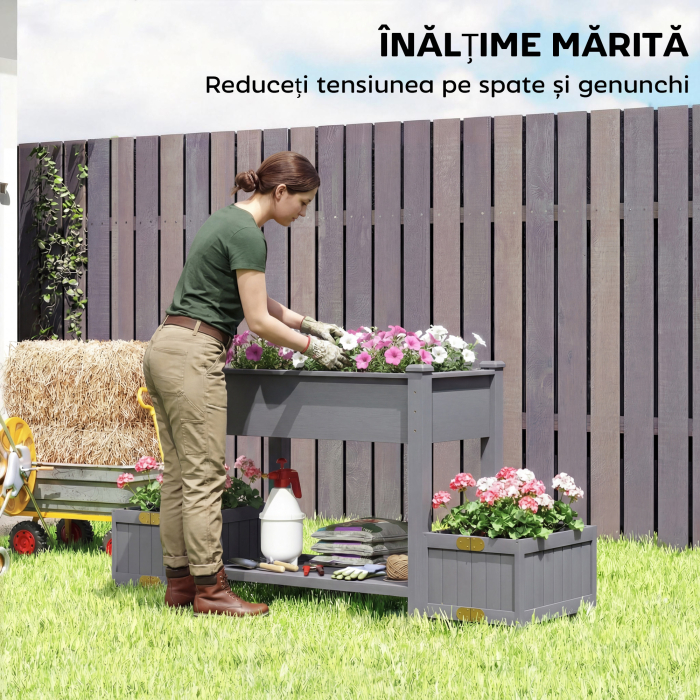  Jardiniera Ridicata cu 2 Ghivece Laterale si Raft pentru Unelte, din Lemn de Brad, 149x46x76 cm, Gri [6]
