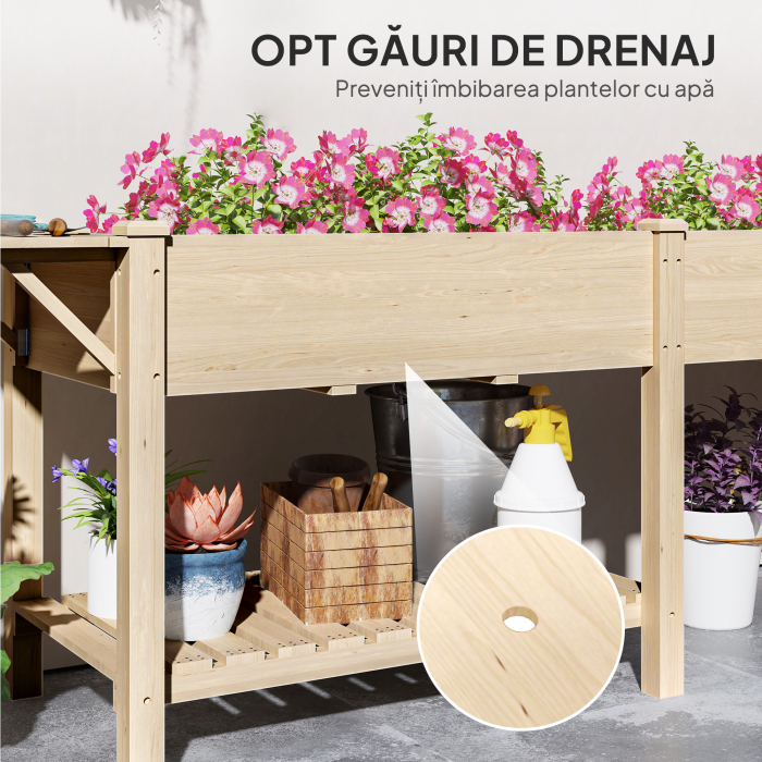  Jardiniera Ridicata cu Masuta Laterala si Raft pentru Unelte Inferior, din Lemn de Molid, 207x59x78 cm [7]