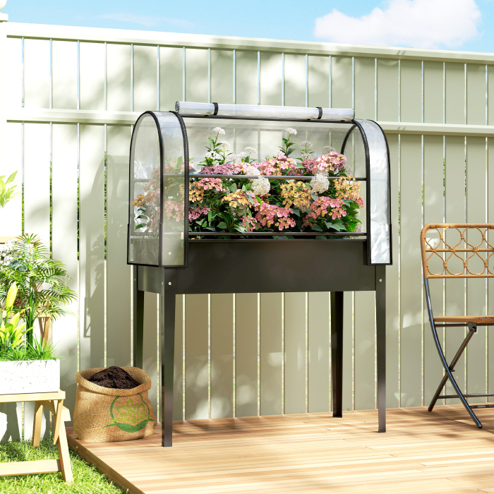  Jardiniera Ridicata cu Mini Sera si Orificiu de Drenare, 100x49x136 cm, Negru [2]