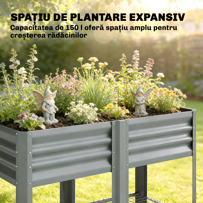  Jardiniera Ridicata cu Raft de Depozitare, 150L, Otel Galvanizat, inaltime 80 cm, pentru Gradina sau Terasa [4]