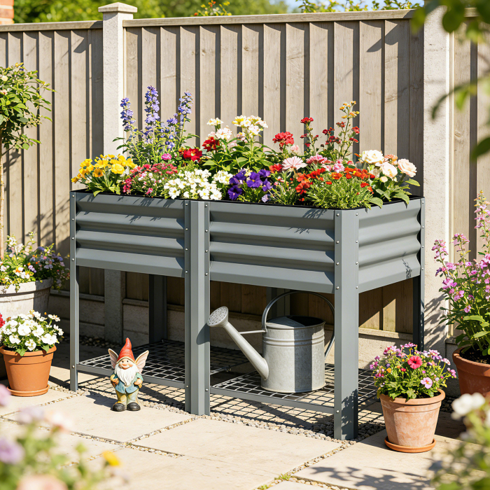  Jardiniera Ridicata cu Raft de Depozitare, 150L, Otel Galvanizat, inaltime 80 cm, pentru Gradina sau Terasa [2]