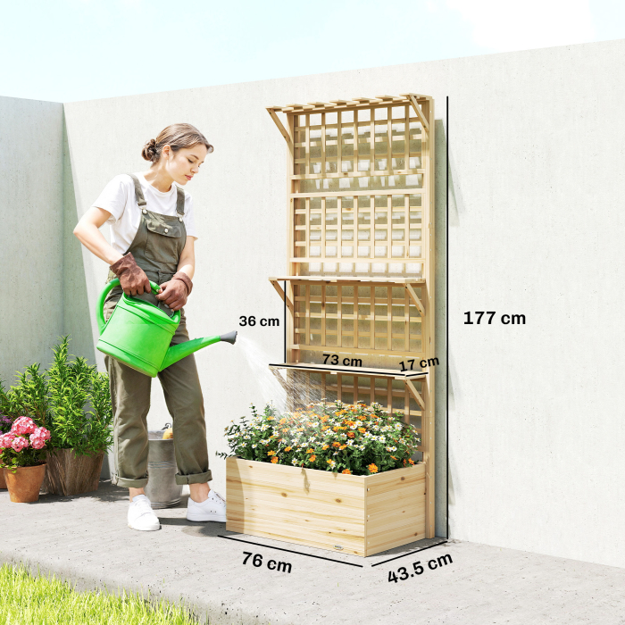  Jardiniera Ridicata din Lemn cu Grilaj, Acoperis si 2 Rafturi, 76x43.5x177 cm, Lemn Natural [3]