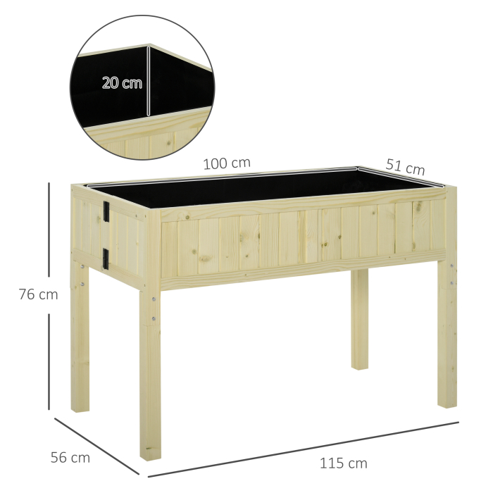  Jardiniera Ridicata Pliabila, Pat pentru Gradina in Lemn de Brad cu 4 Orificii de Drenaj, pentru Gradina, Terasa, Balcon, 115x56x76 cm, Culoare Lemn [3]